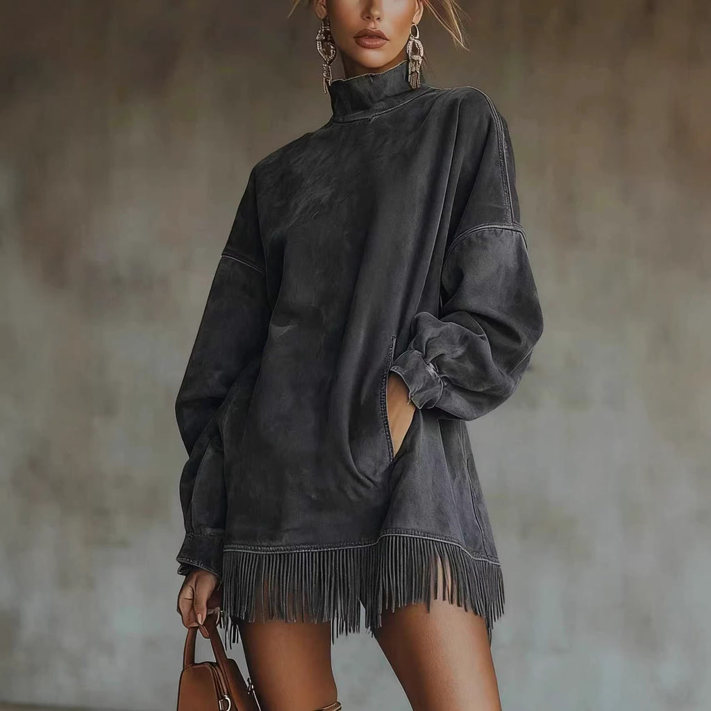 Mock Neck Suede Dress with Pockets