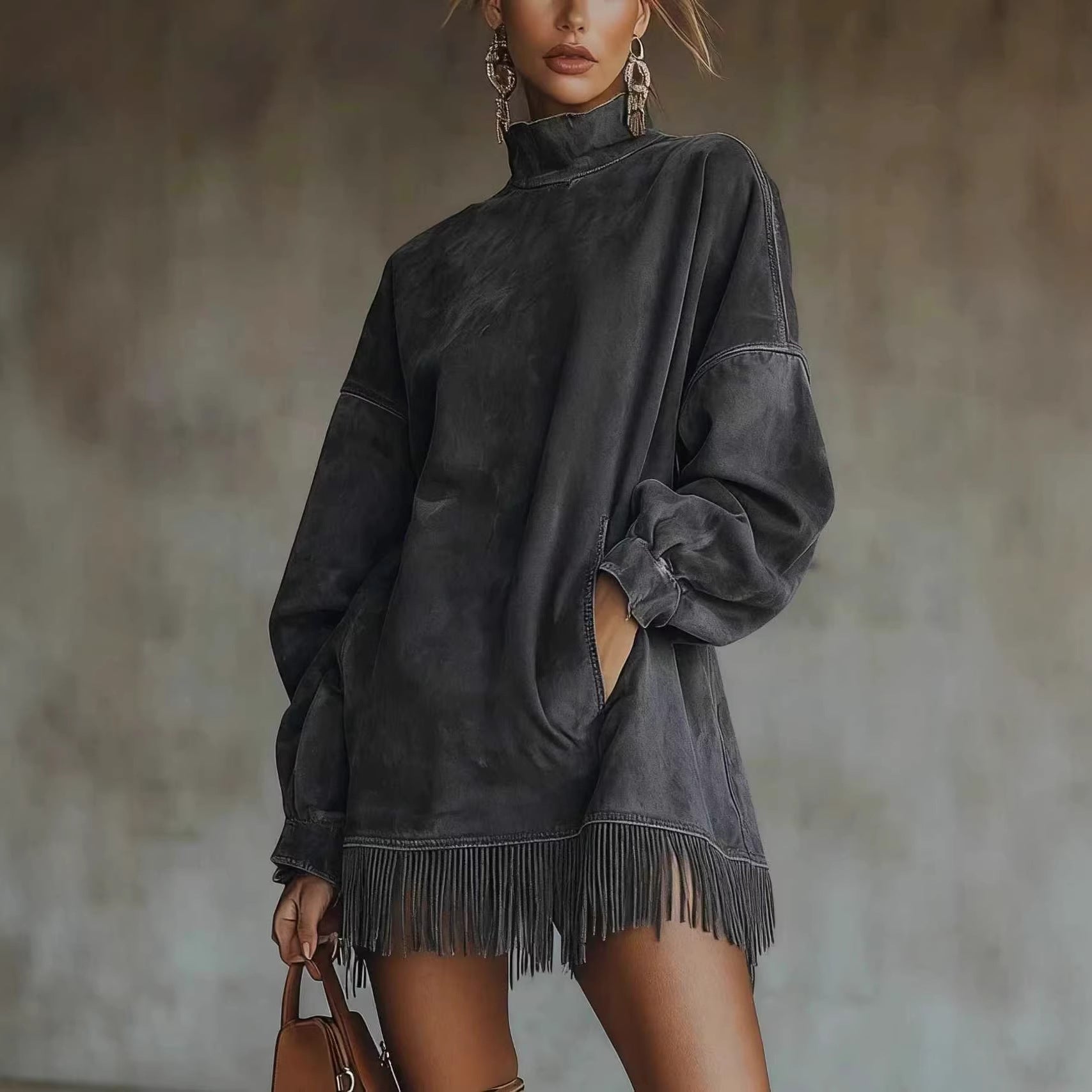 Mock Neck Suede Dress with Pockets
