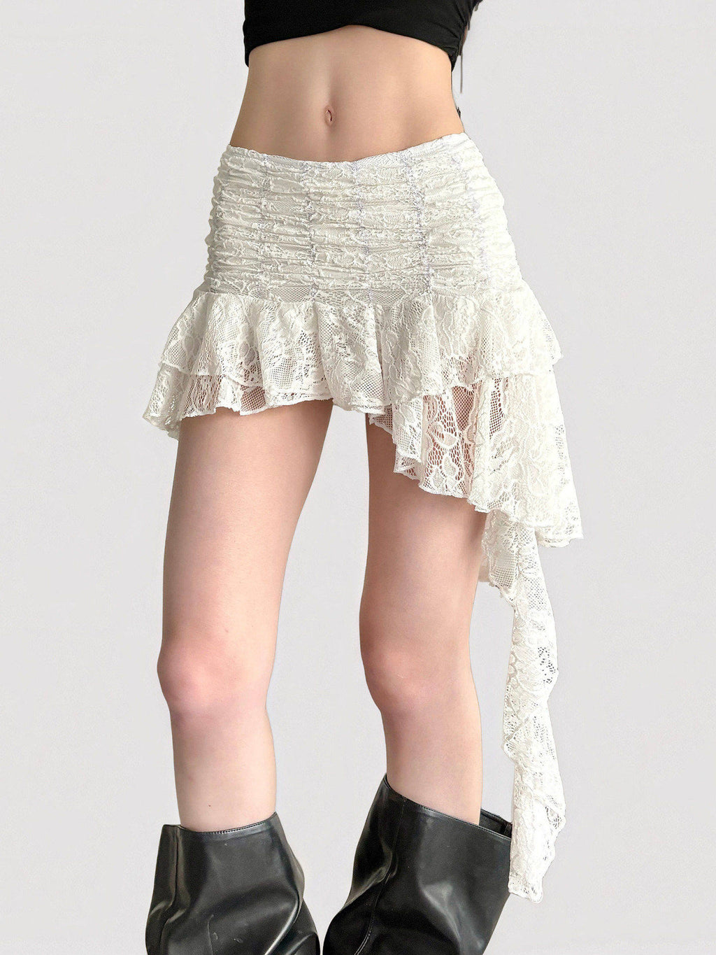 French Retro Lace Asymmetrical Ribbon Tiered Short Skirt