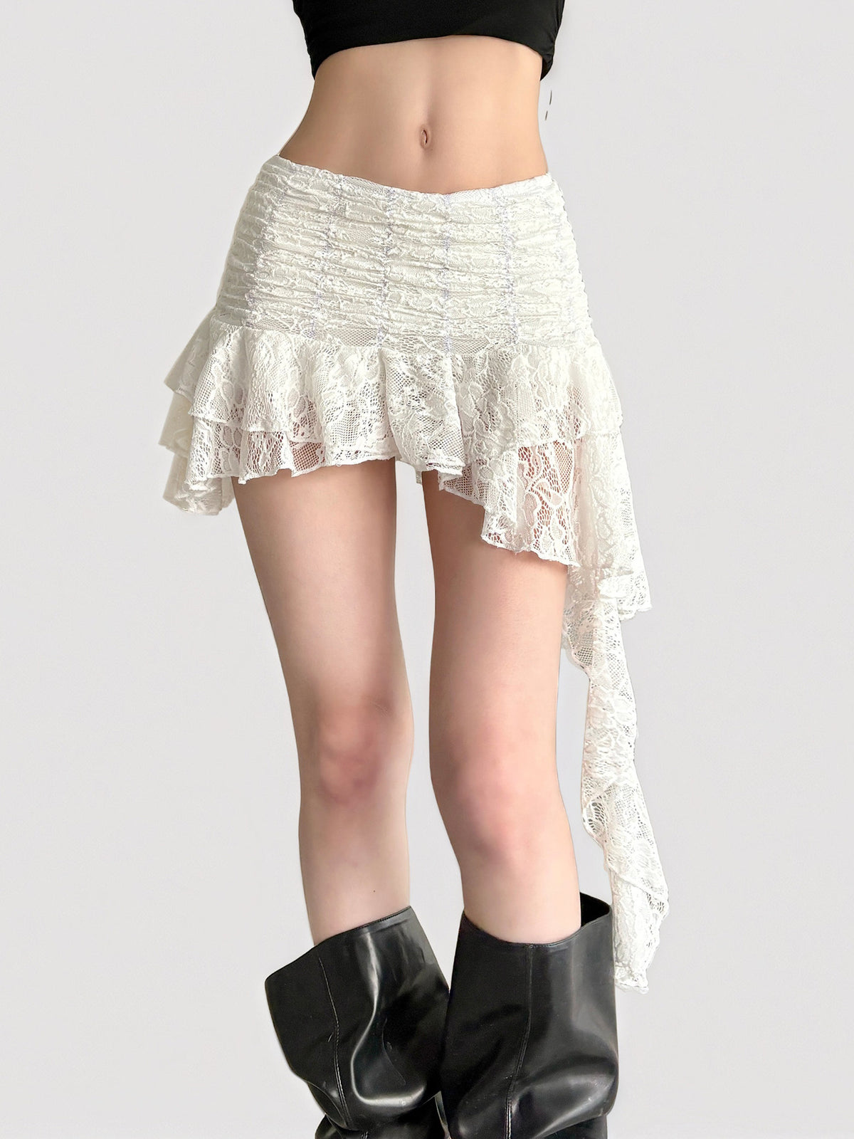 French Retro Lace Asymmetrical Ribbon Tiered Short Skirt