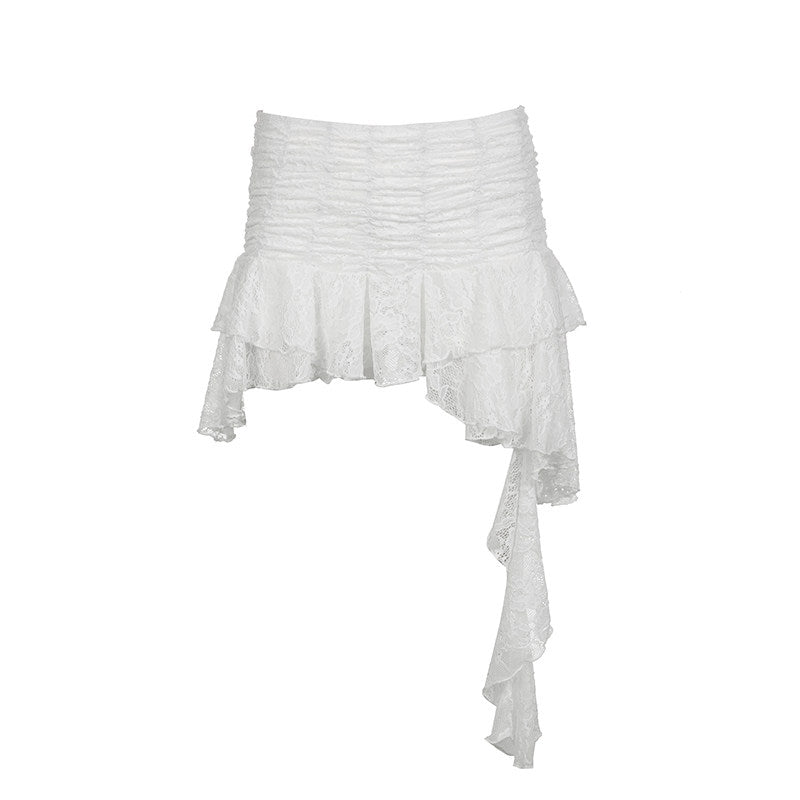 French Retro Lace Asymmetrical Ribbon Tiered Short Skirt