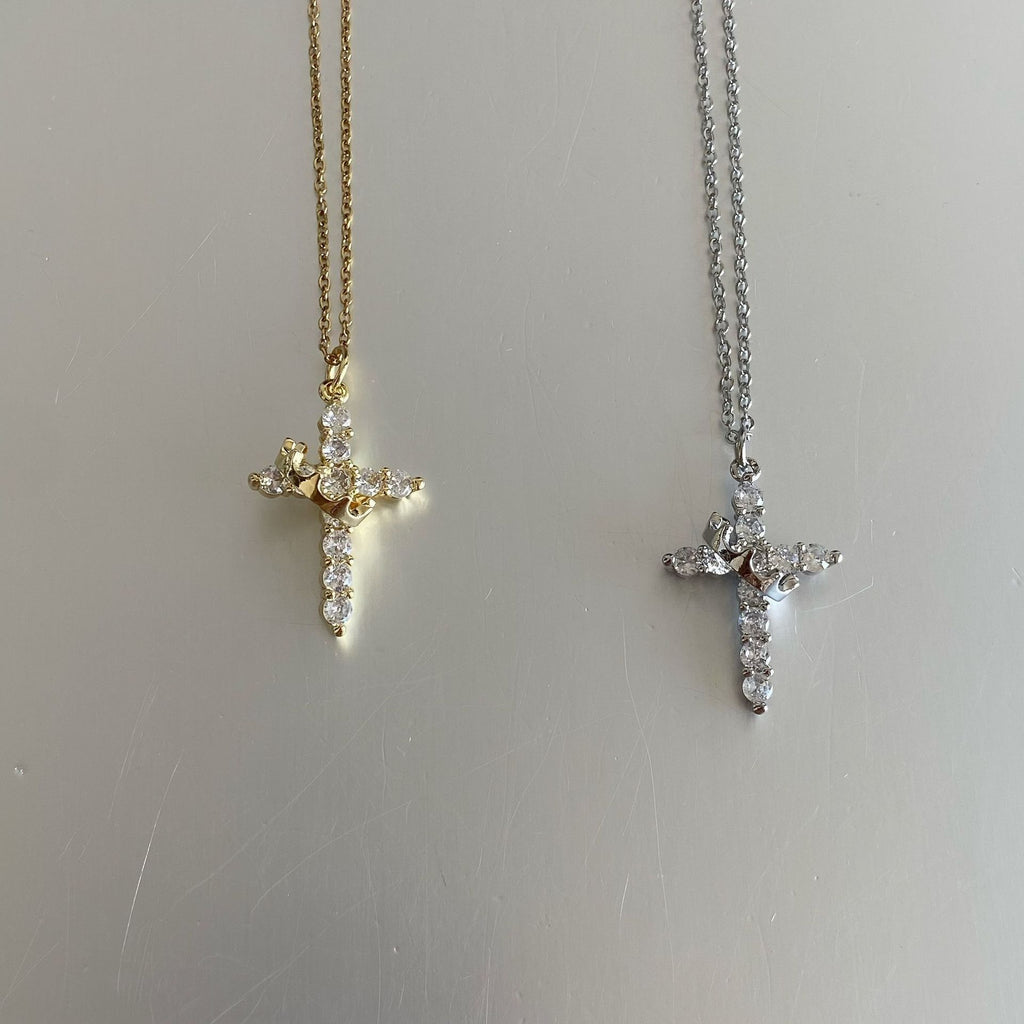 Rotatable Crown Full Diamond Cross Necklace Women's Light Luxury Niche Versatile Titanium Steel Clavicle Chain Cross-Border Popular Jewelry