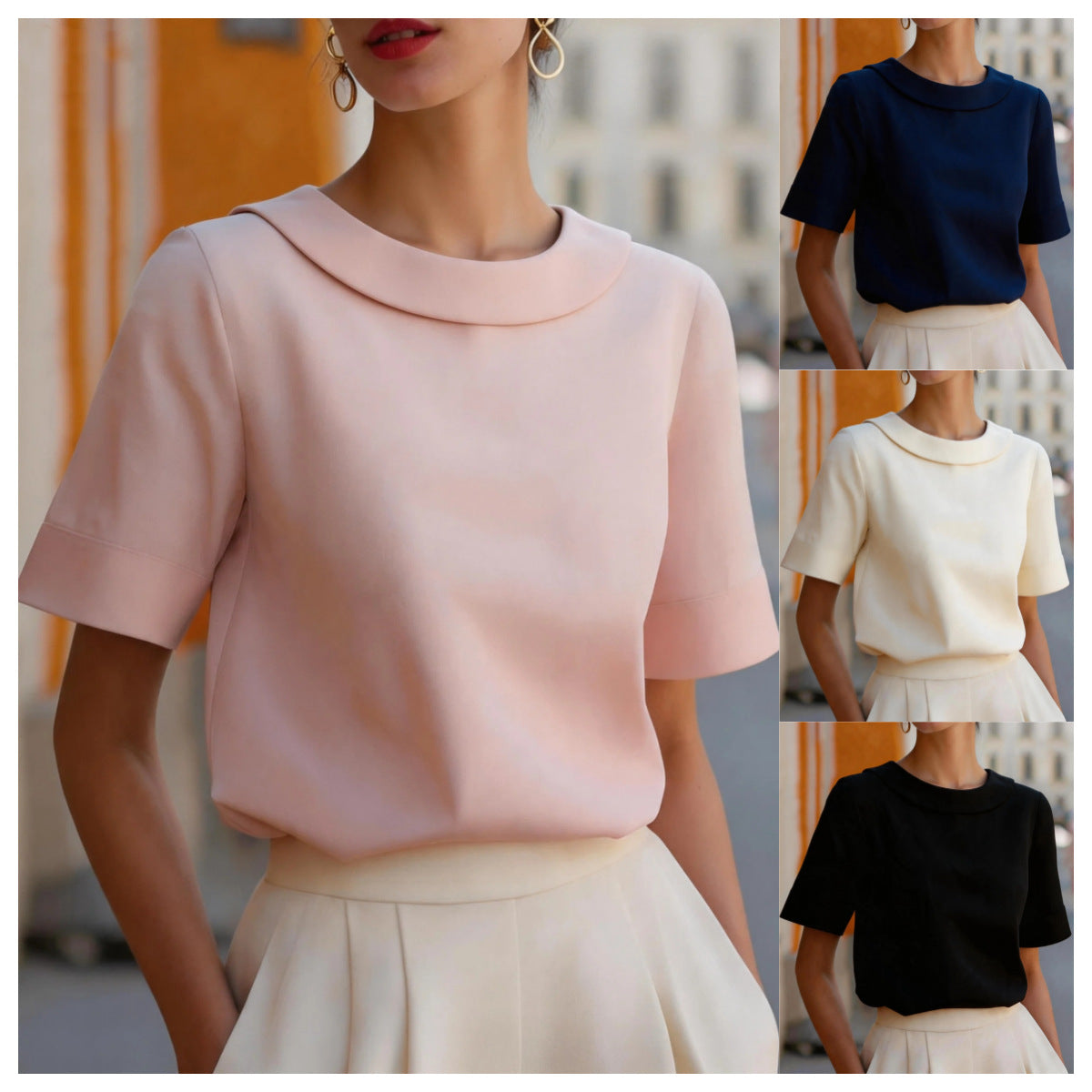 Woman wearing a light pink short sleeve blouse with a wide collar and cream skirt.