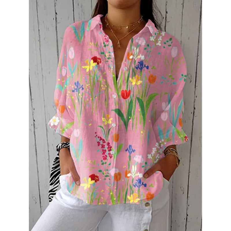 Womens 3D Print Turn Down Collar Casual Long Sleeve Shirt