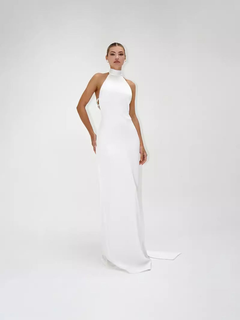 Long Backless Beaded Dress with Adjustable Straps
