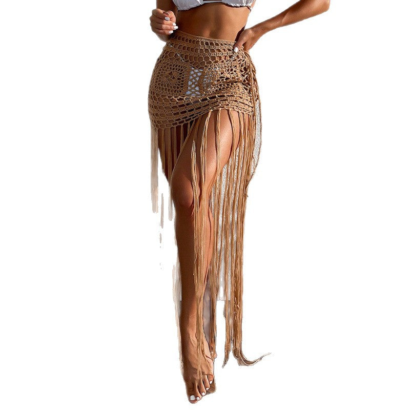 Hand-Crocheted Hollow-Out Beach Cover-Up Skirt with Tassels