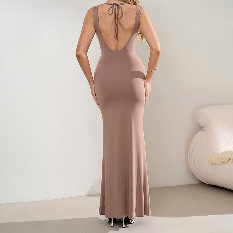Milk Silk V-Neck Backless Fishtail Dress