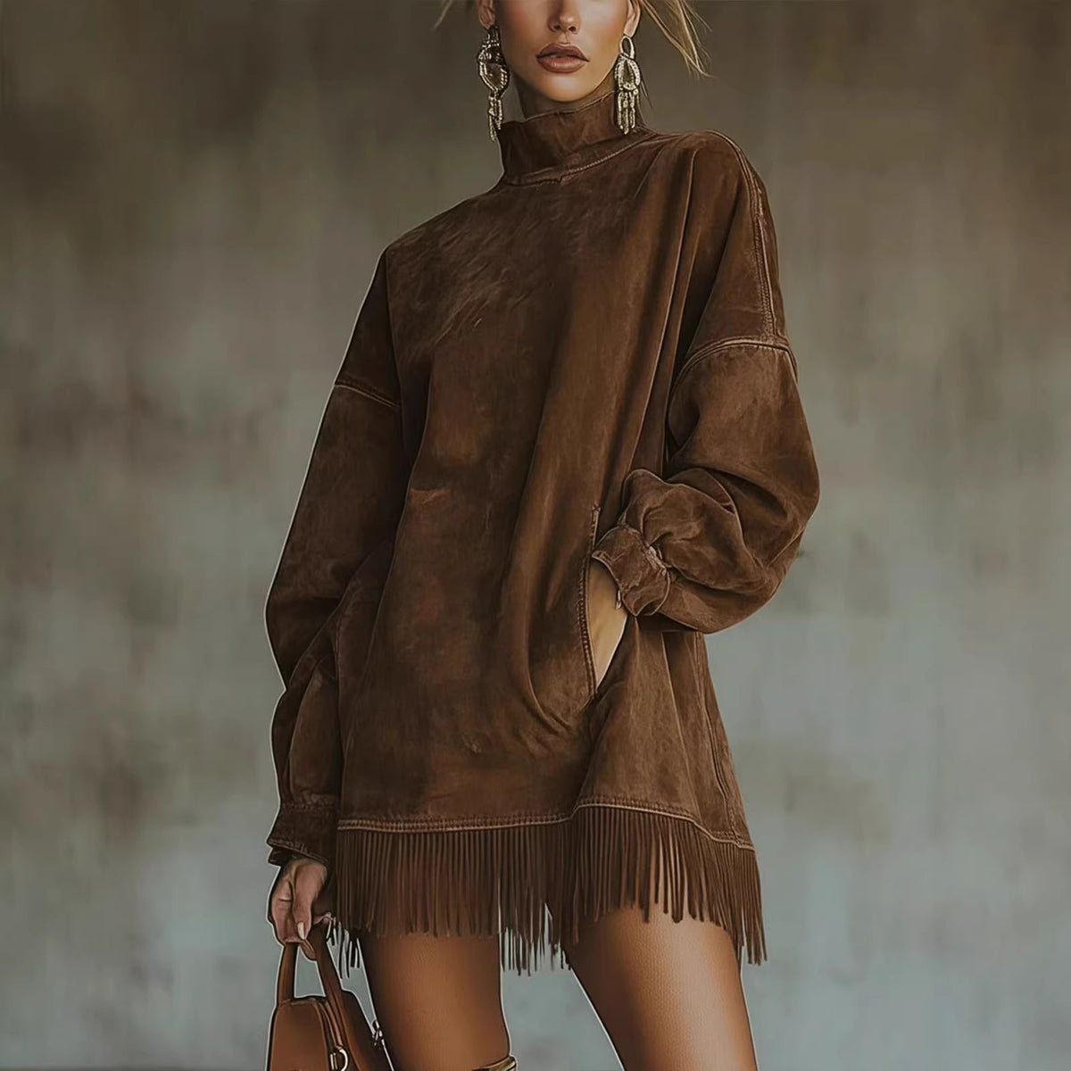 Mock Neck Suede Dress with Pockets