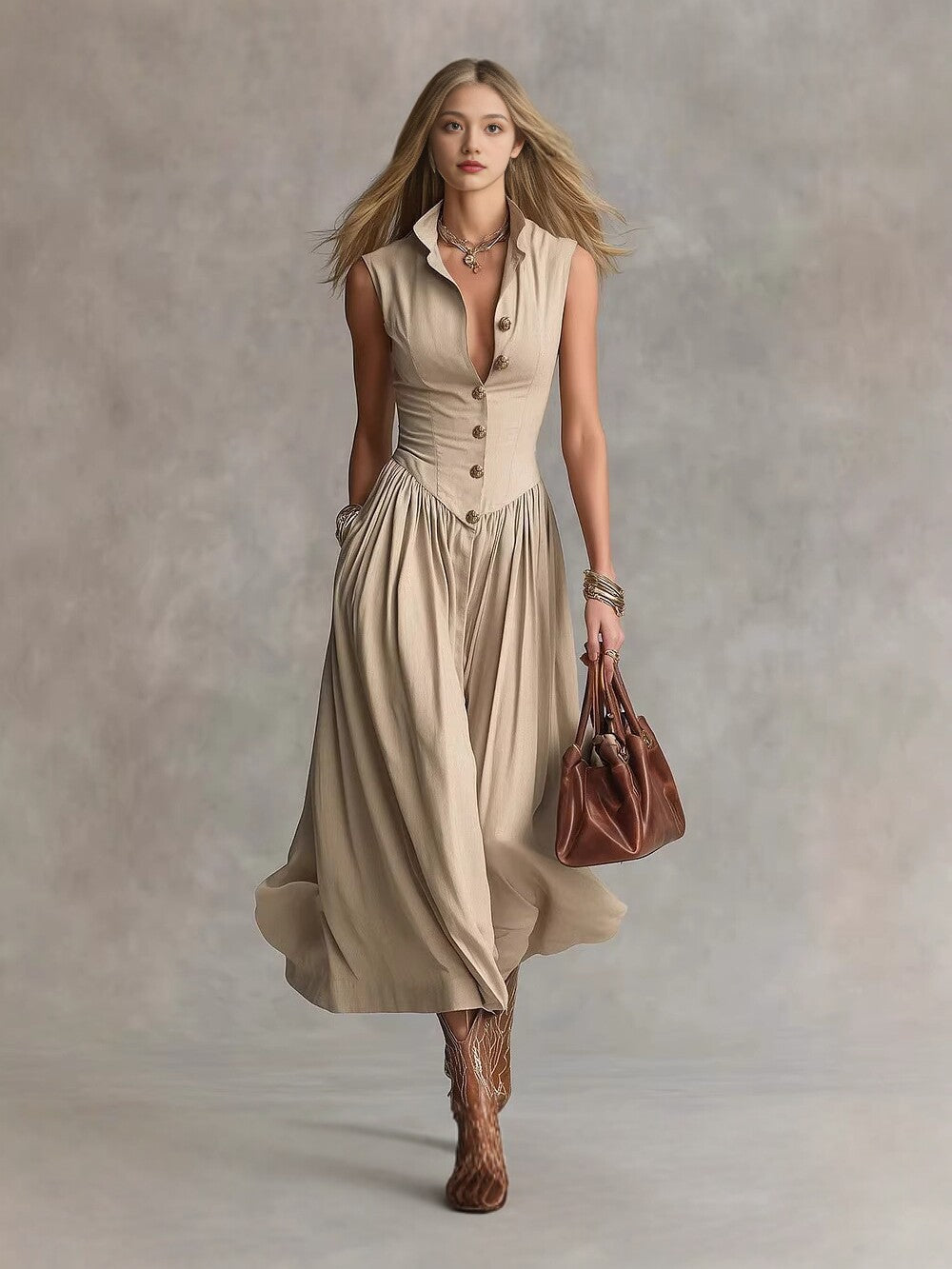 Serena Tailored Button-Front Midi Dress