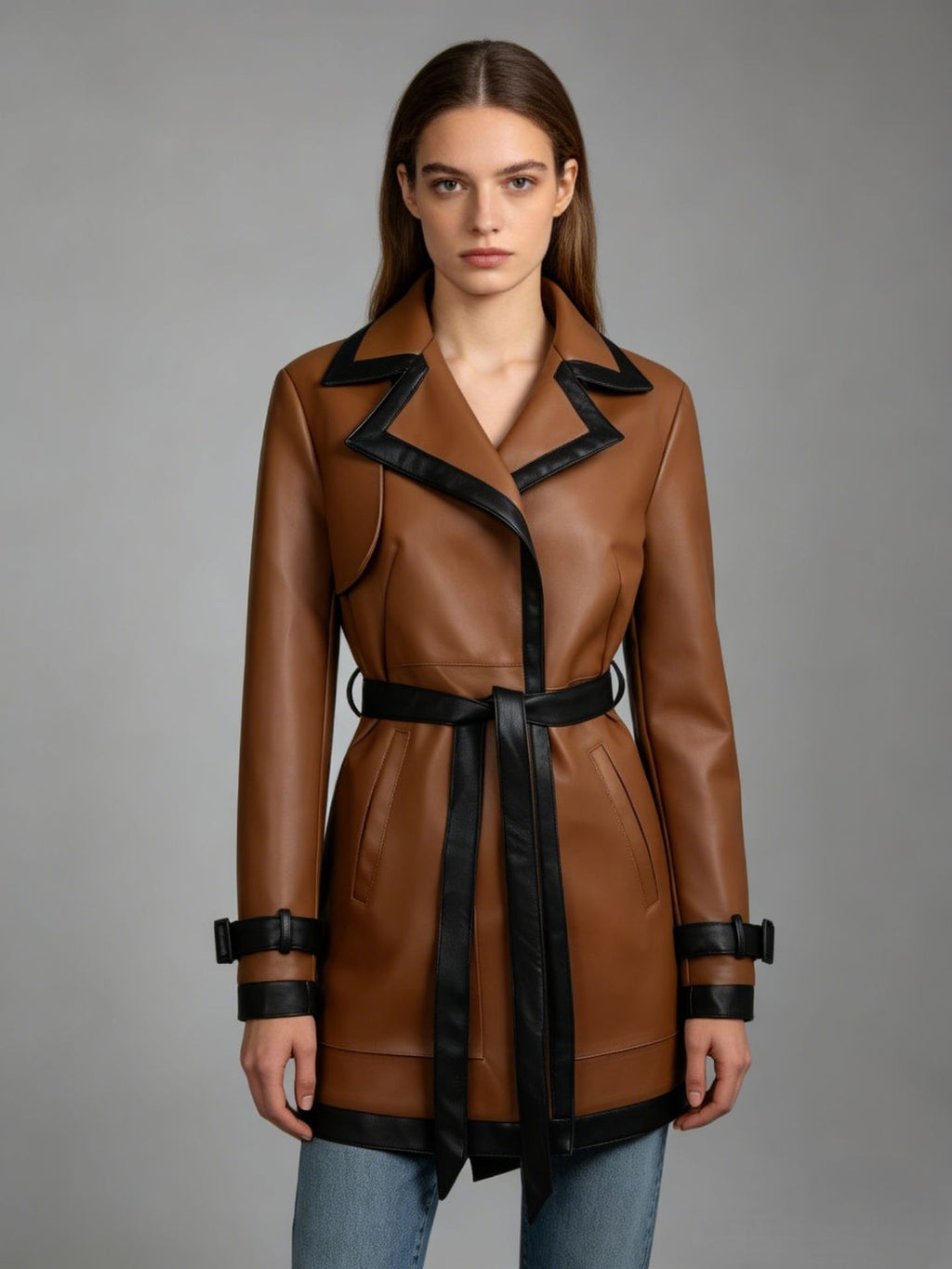 Womens PU Leather Jacket with Belt