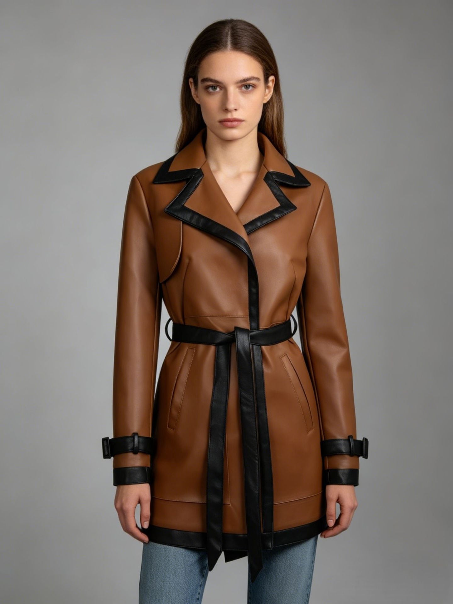 Womens PU Leather Jacket with Belt