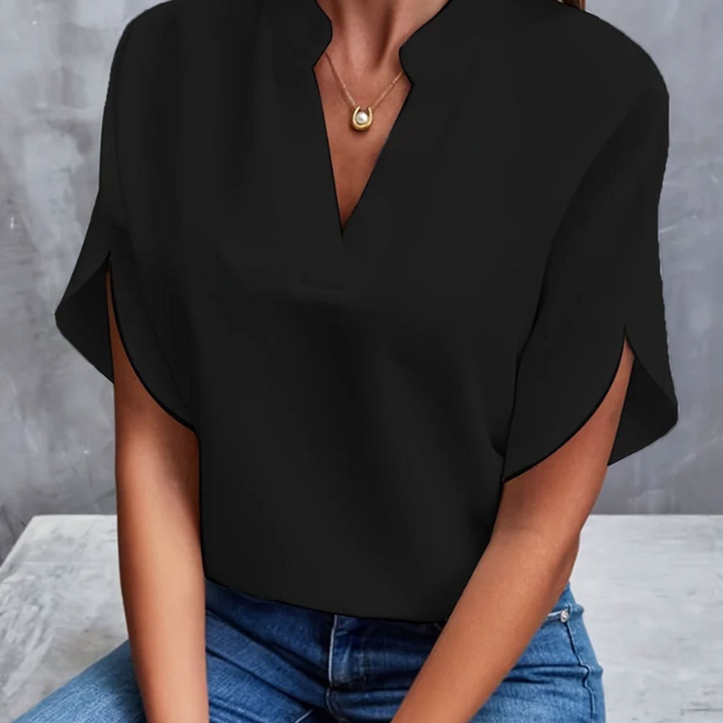 Womens Casual Solid Color V-Neck Loose Short Sleeve Blouse