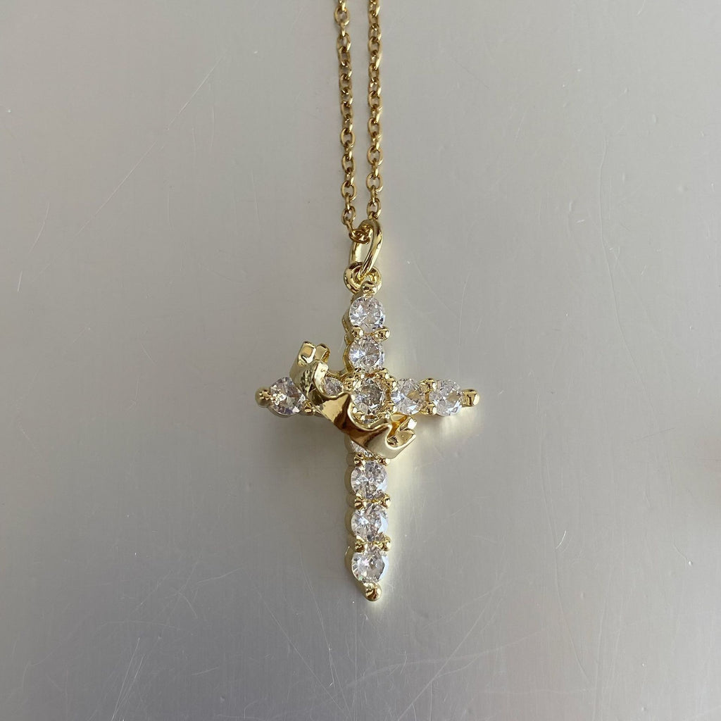 Rotatable Crown Full Diamond Cross Necklace Women's Light Luxury Niche Versatile Titanium Steel Clavicle Chain Cross-Border Popular Jewelry