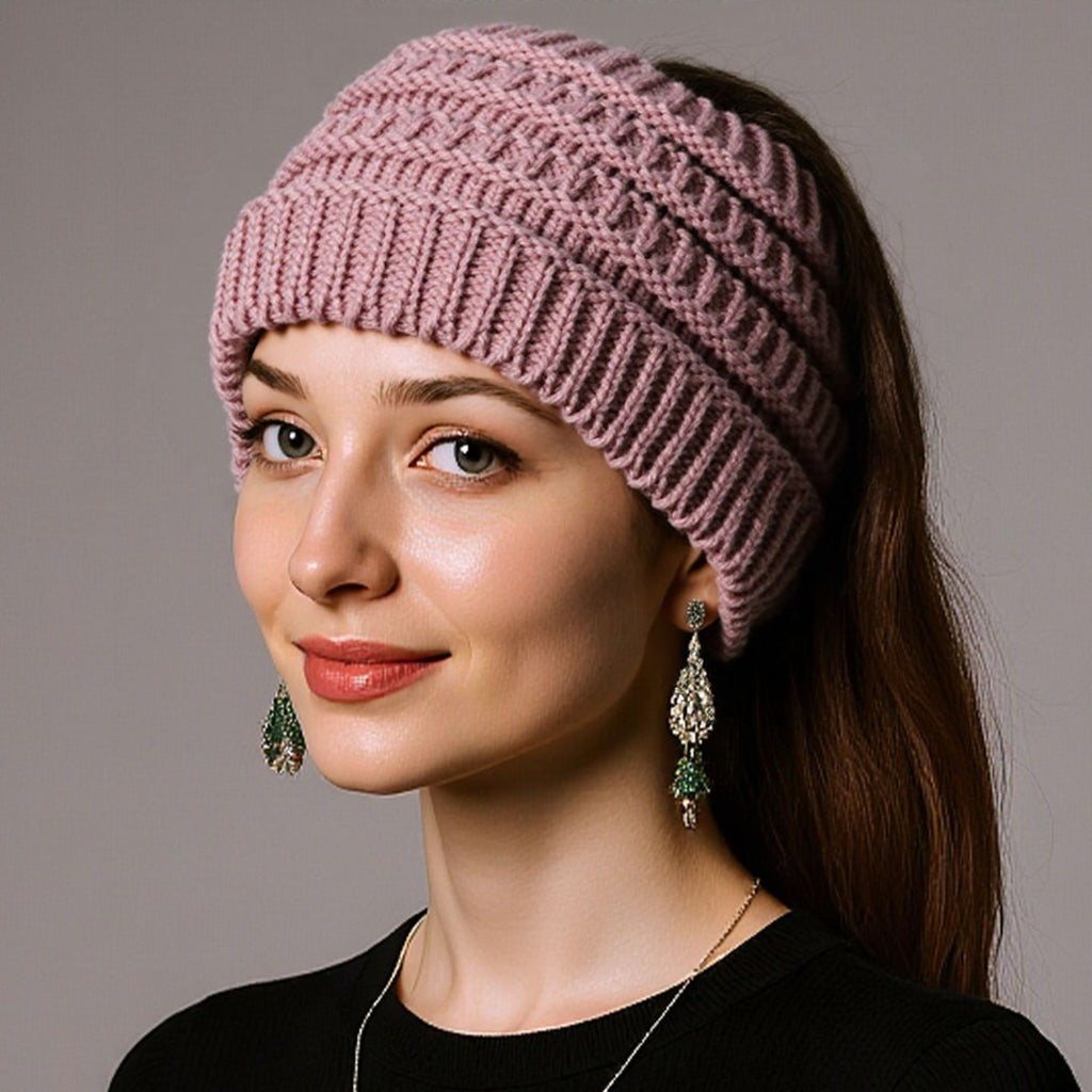 Wool Wide Knitted Headband Hollow Top Ponytail Design
