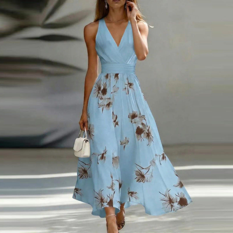 Floral Print Sleeveless V-Neck Long Dress