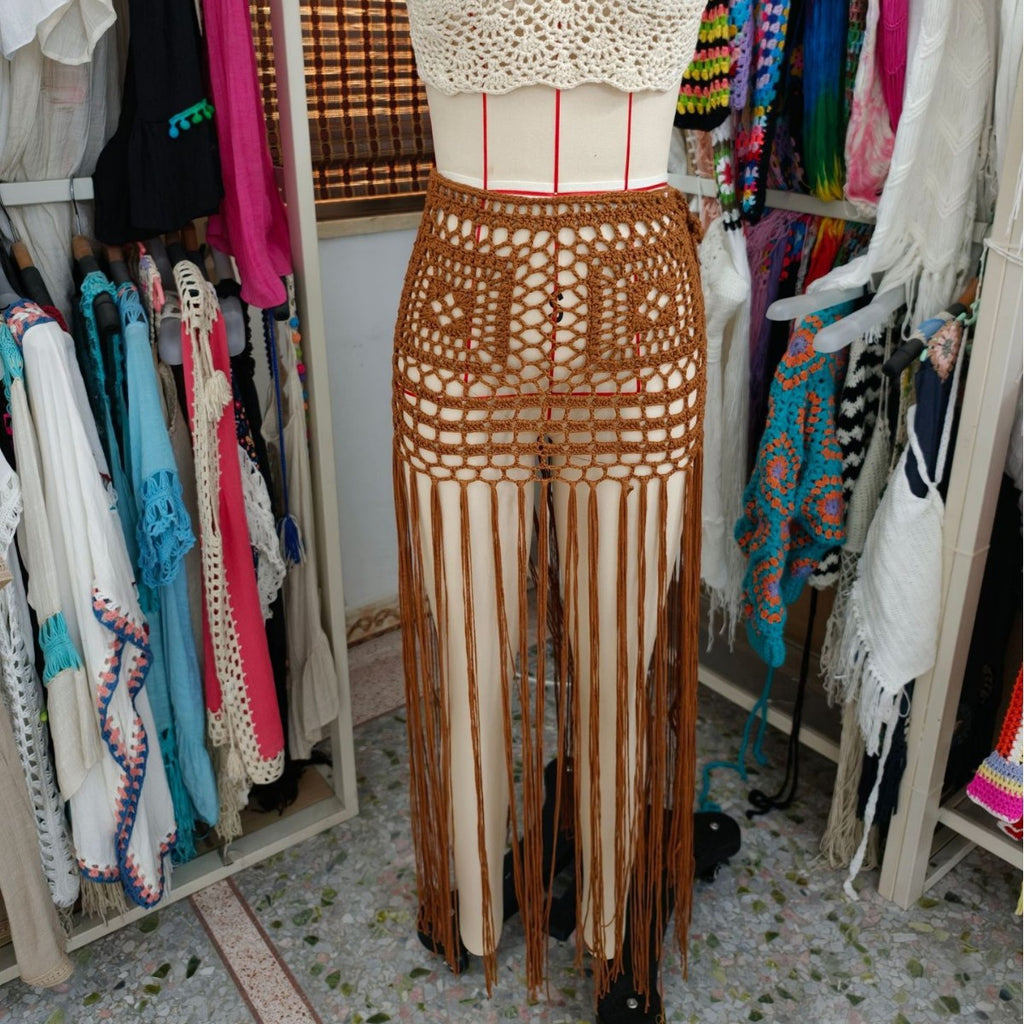 Hand-Crocheted Hollow-Out Beach Cover-Up Skirt with Tassels