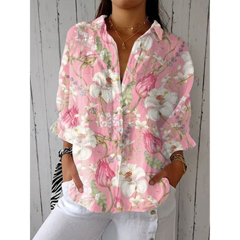 Womens 3D Print Turn Down Collar Casual Long Sleeve Shirt