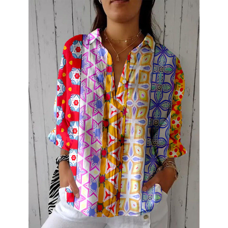 Womens 3D Print Turn Down Collar Casual Long Sleeve Shirt