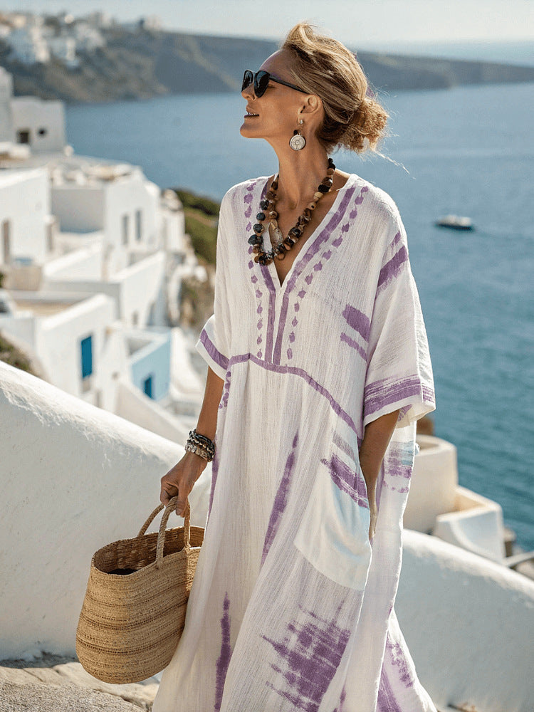 3D Digital Print V-Neck Three-Quarter Sleeve Kaftan Dress