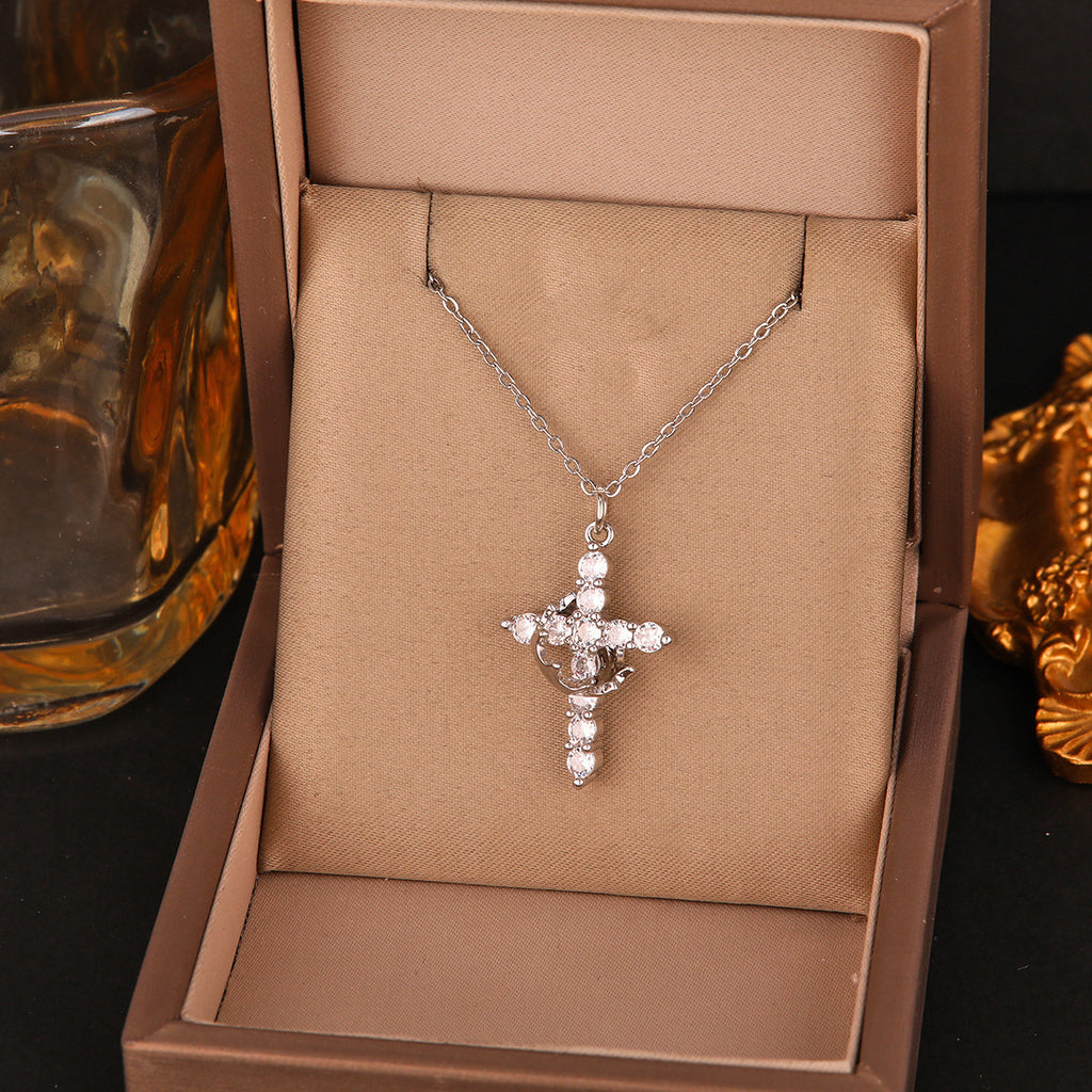 Rotatable Crown Full Diamond Cross Necklace Women's Light Luxury Niche Versatile Titanium Steel Clavicle Chain Cross-Border Popular Jewelry
