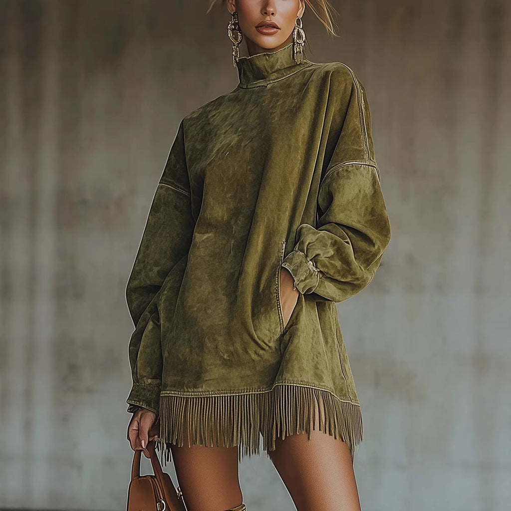 Mock Neck Suede Dress with Pockets
