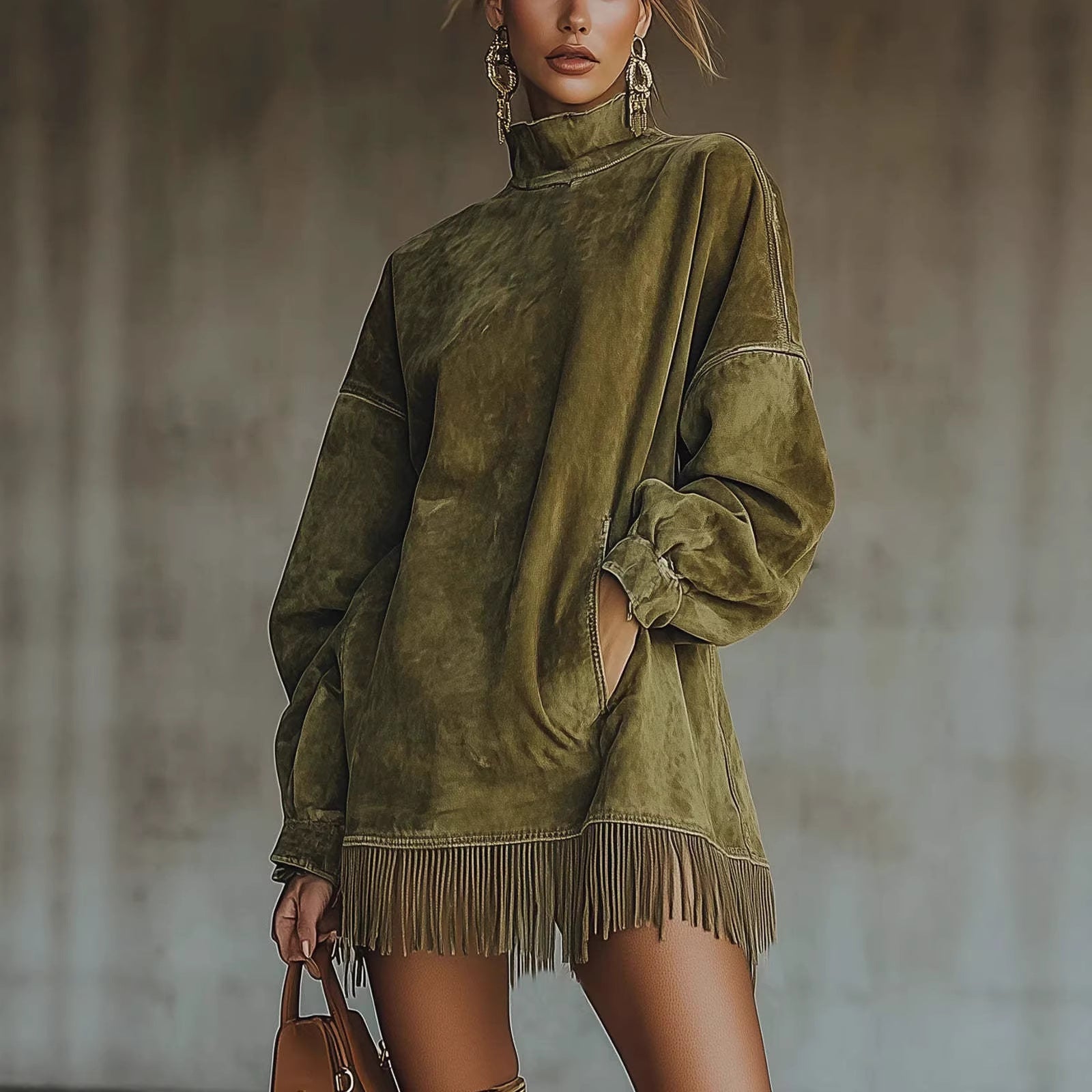 Mock Neck Suede Dress with Pockets