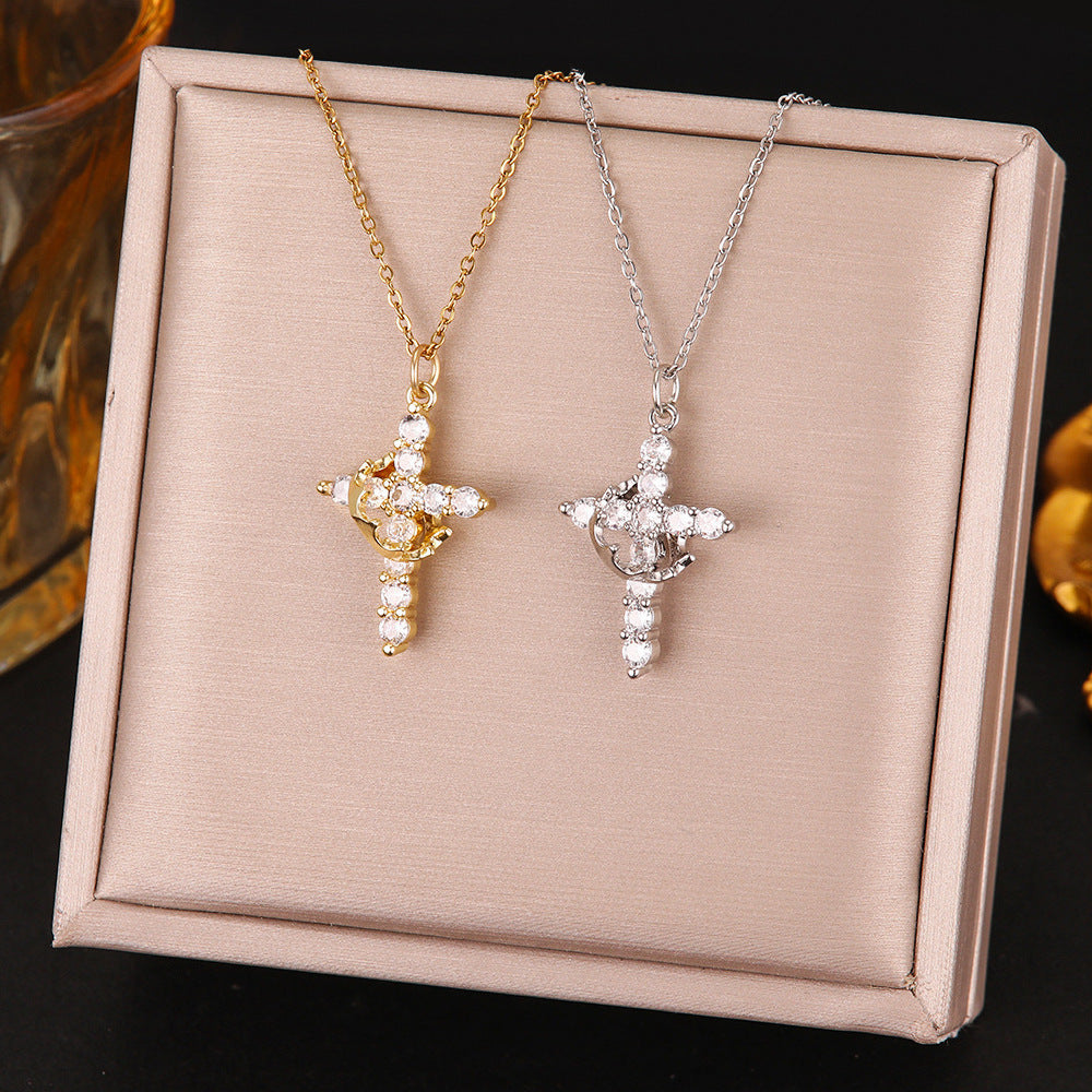 Rotatable Crown Full Diamond Cross Necklace Women's Light Luxury Niche Versatile Titanium Steel Clavicle Chain Cross-Border Popular Jewelry