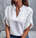 Womens Casual Solid Color V-Neck Loose Short Sleeve Blouse