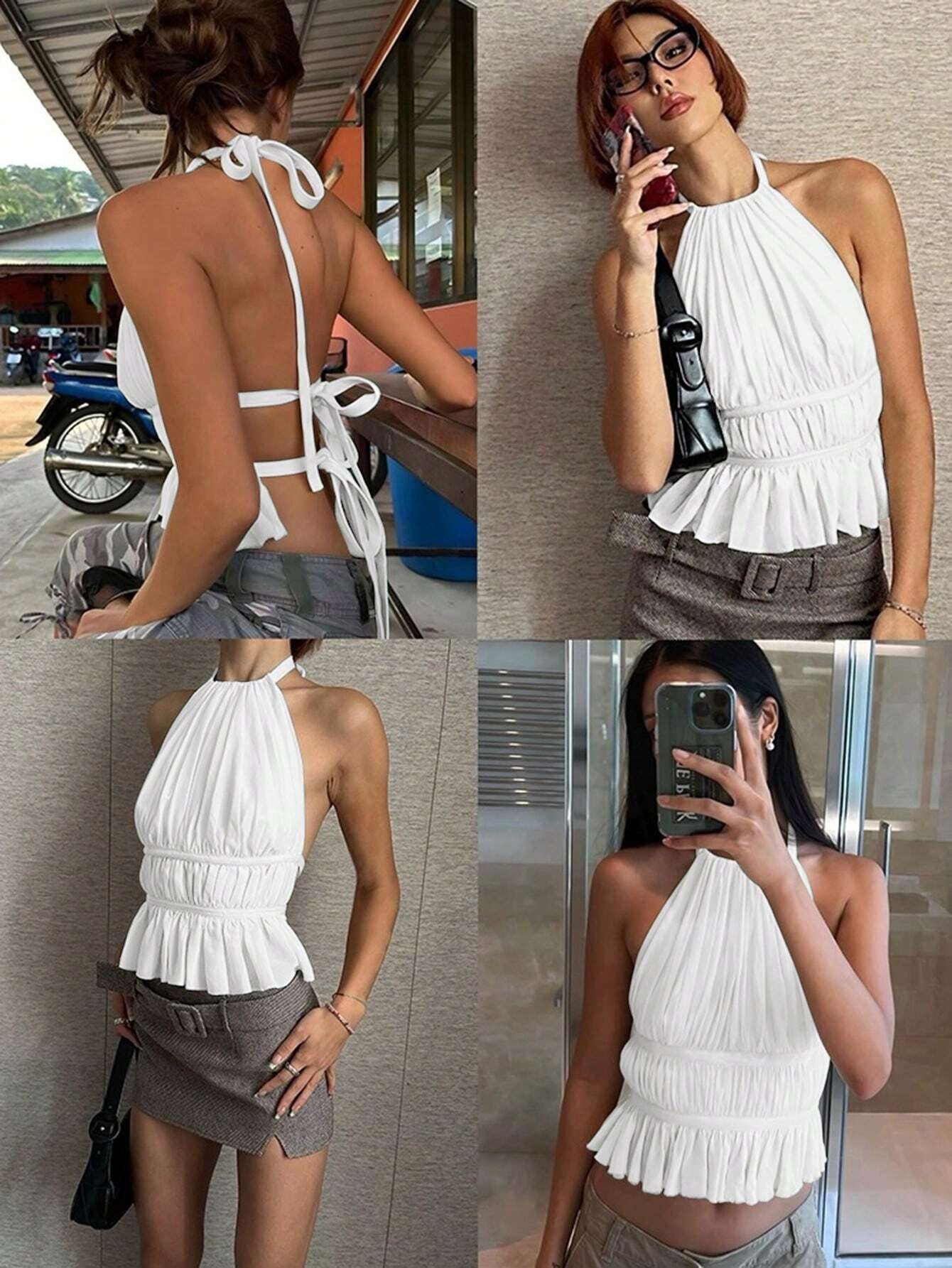 Womens Chiffon LaceUp Backless Top