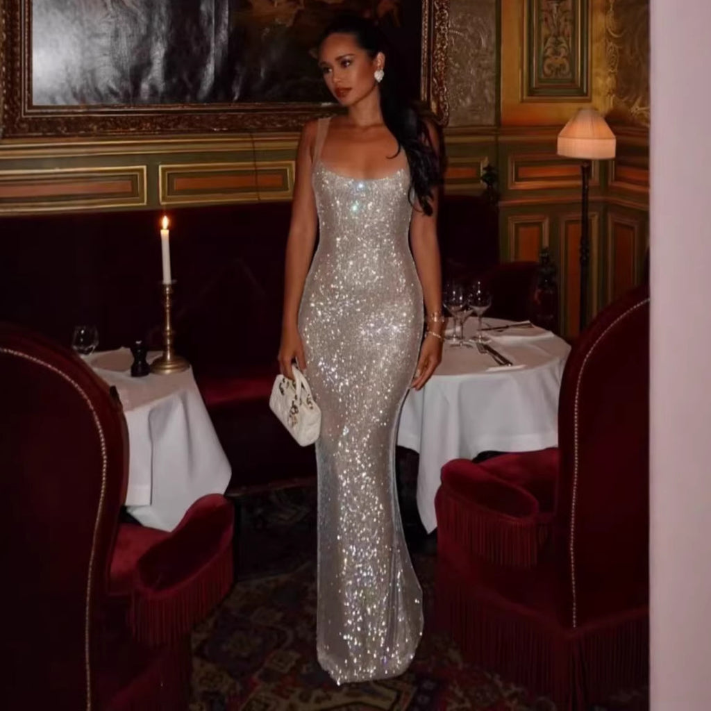 Rhinestone Embellished Slim Fit Evening Gown