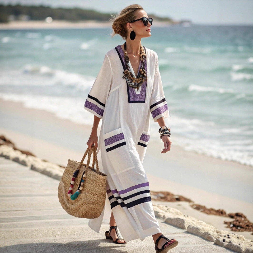 3D Digital Print V-Neck Three-Quarter Sleeve Kaftan Dress