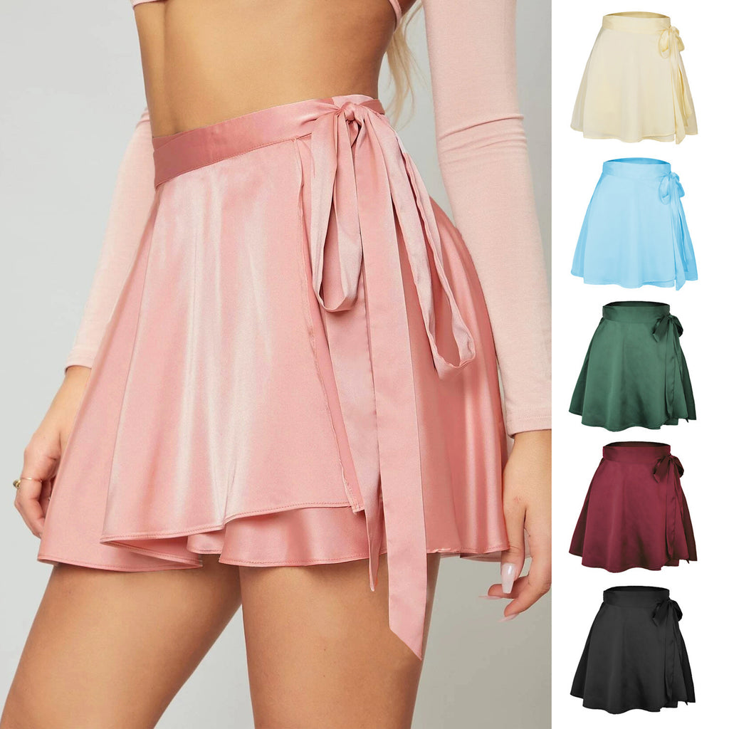 Solid Color A-Line High-Waisted Short Skirt for Women with Tie Satin Wrap Skirt