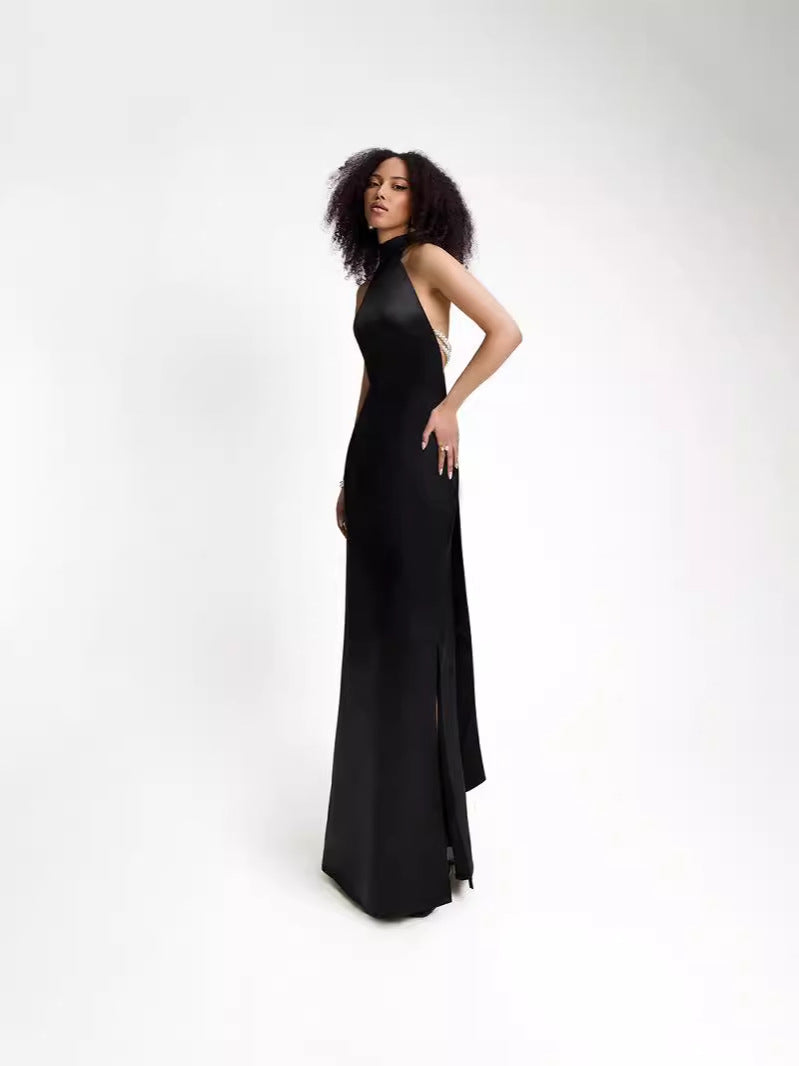 Long Backless Beaded Dress with Adjustable Straps