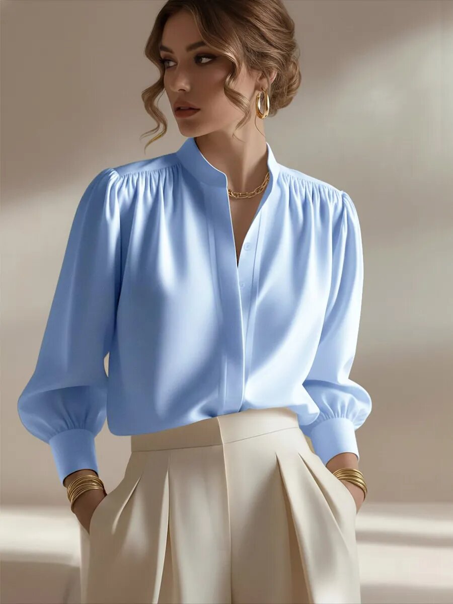 Womens Satin Shirt Stand Collar Lantern Sleeve