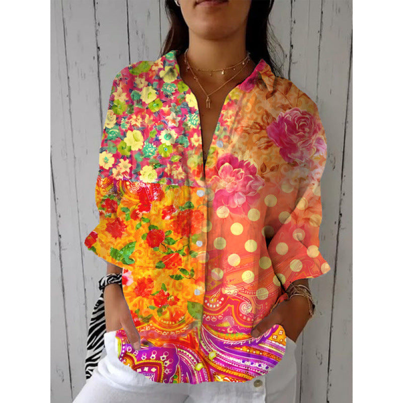 Womens 3D Print Turn Down Collar Casual Long Sleeve Shirt