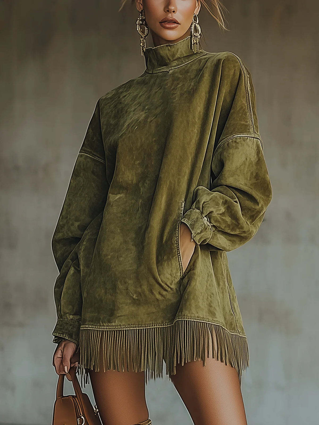 Mock Neck Suede Dress with Pockets