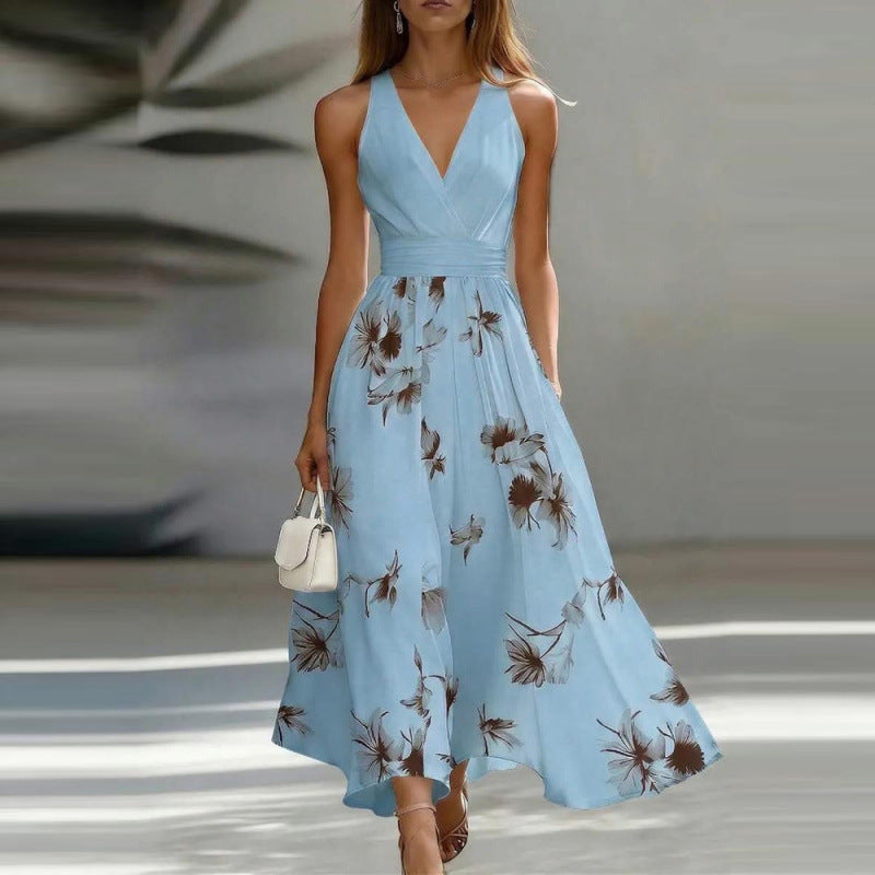 Floral Print Sleeveless V-Neck Long Dress