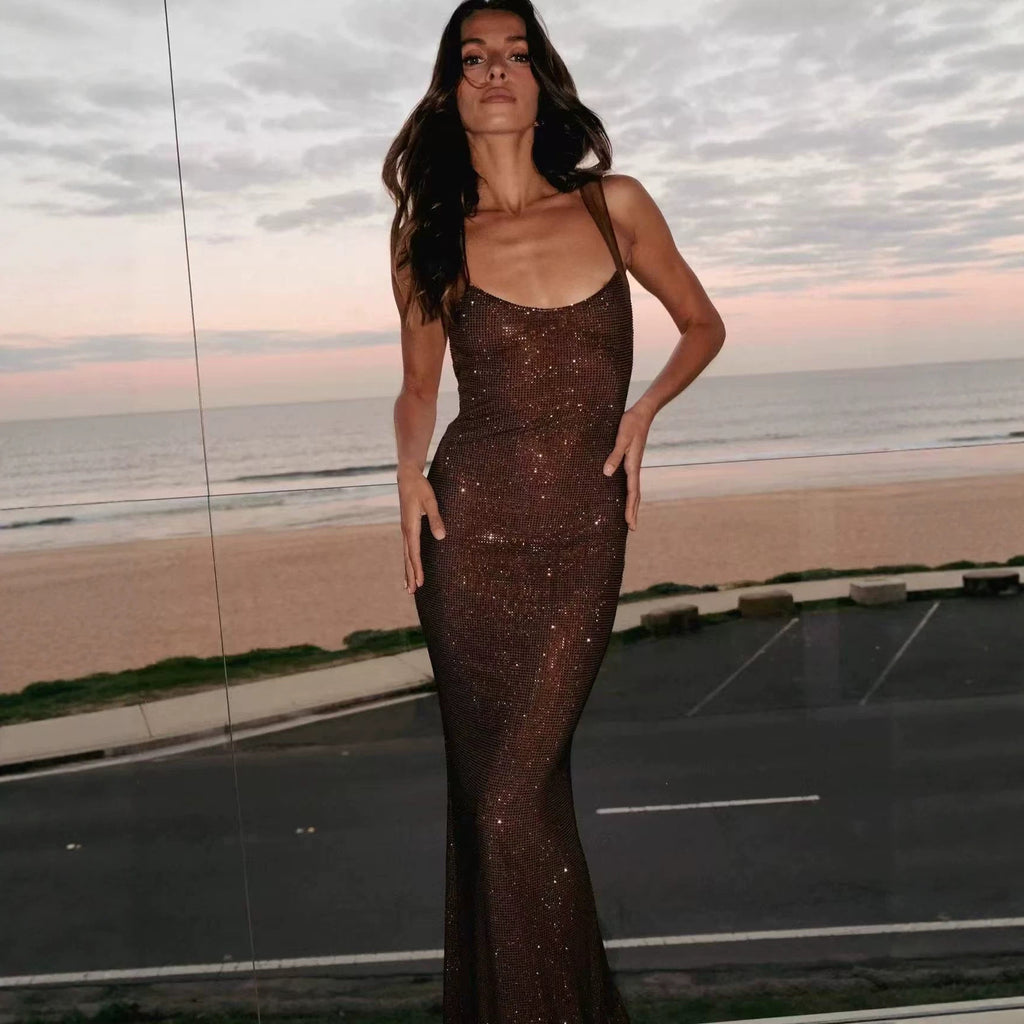Rhinestone Embellished Slim Fit Evening Gown