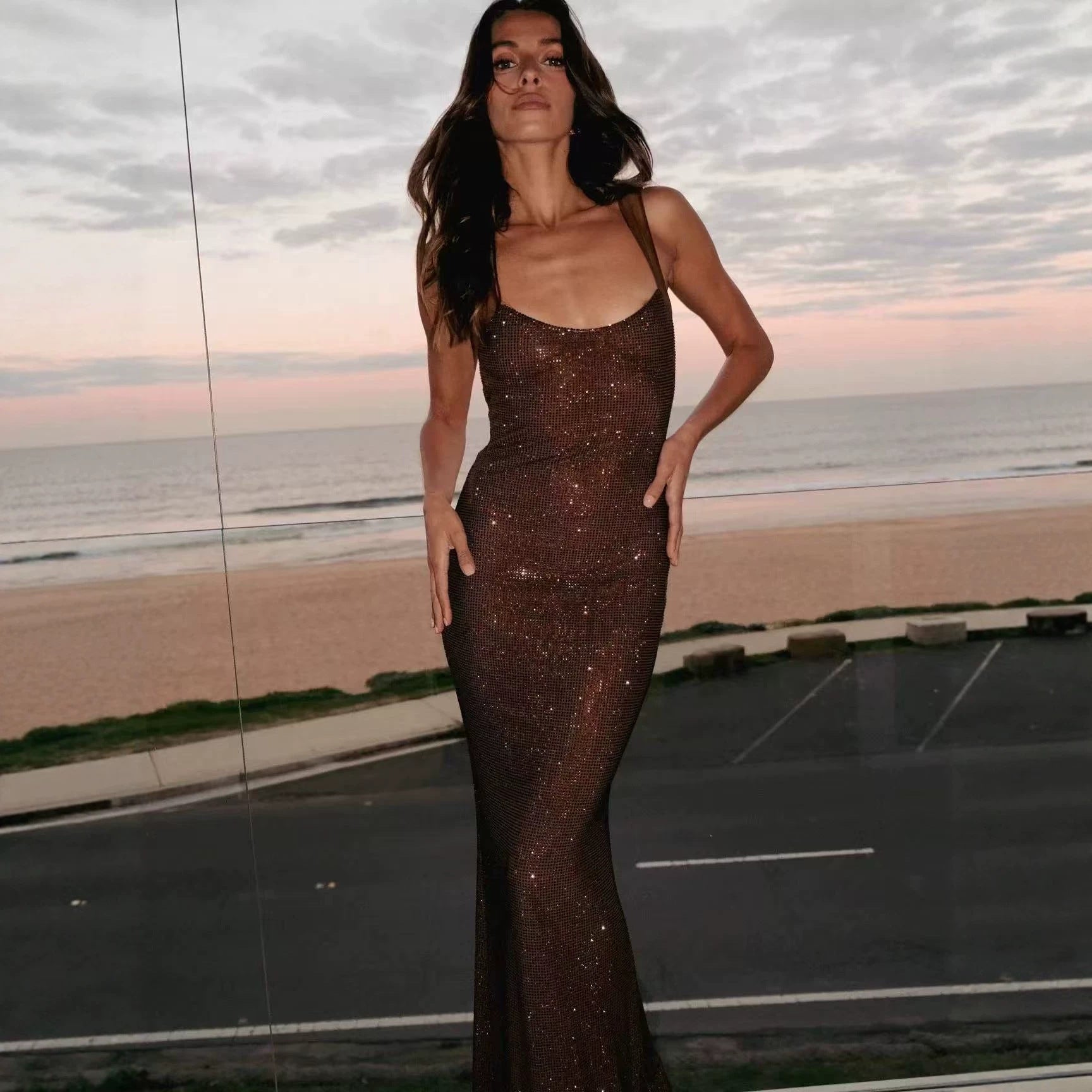 Rhinestone Embellished Slim Fit Evening Gown