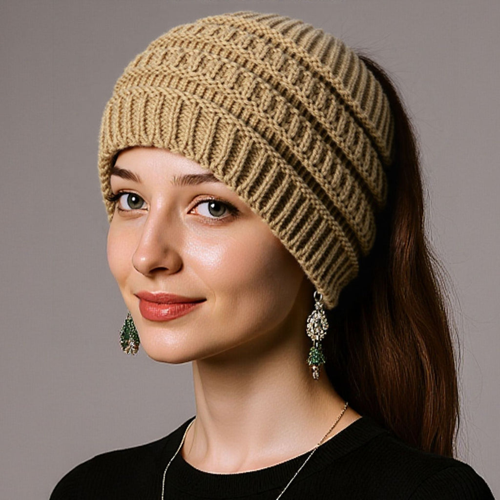 Wool Wide Knitted Headband Hollow Top Ponytail Design