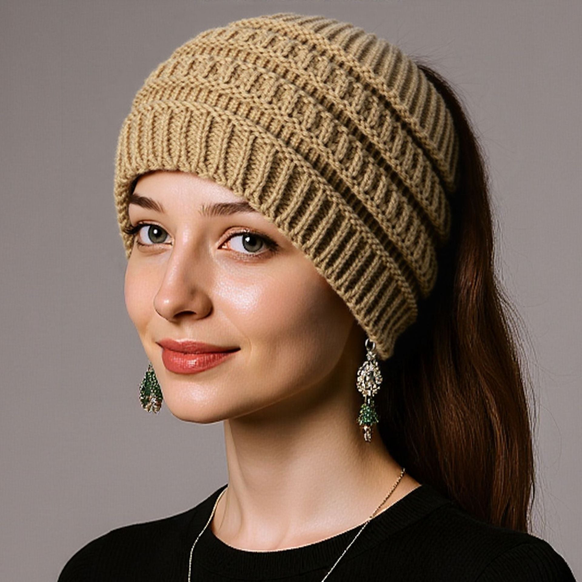 Wool Wide Knitted Headband Hollow Top Ponytail Design