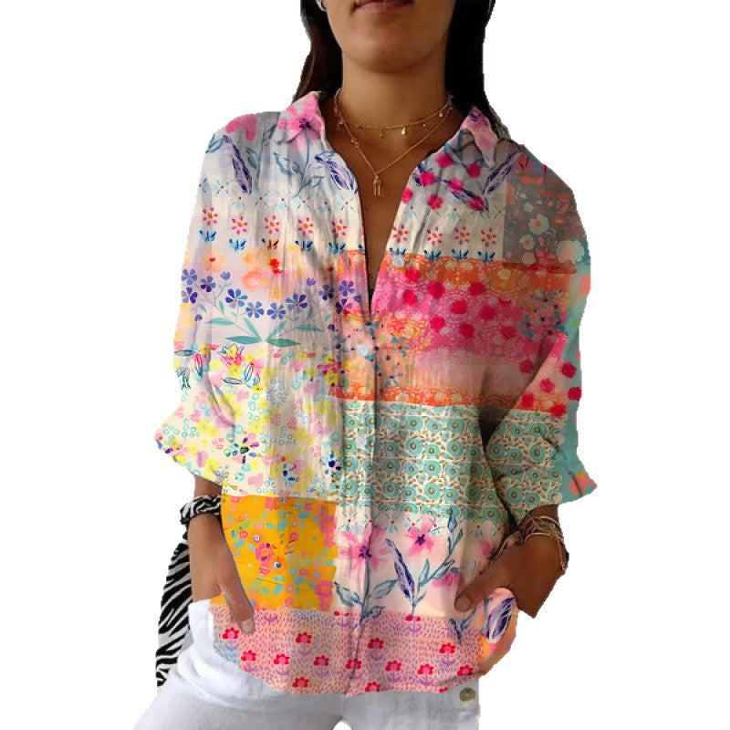 Womens 3D Print Turn Down Collar Casual Long Sleeve Shirt