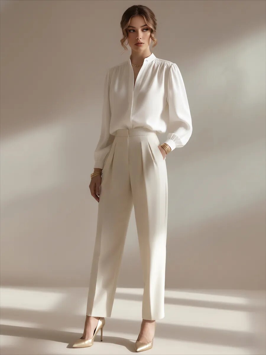 Womens Satin Shirt Stand Collar Lantern Sleeve