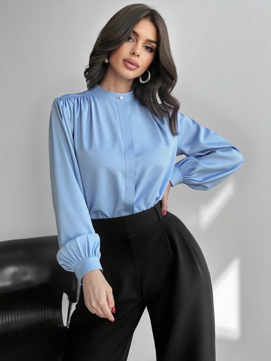 Womens Satin Shirt Stand Collar Lantern Sleeve
