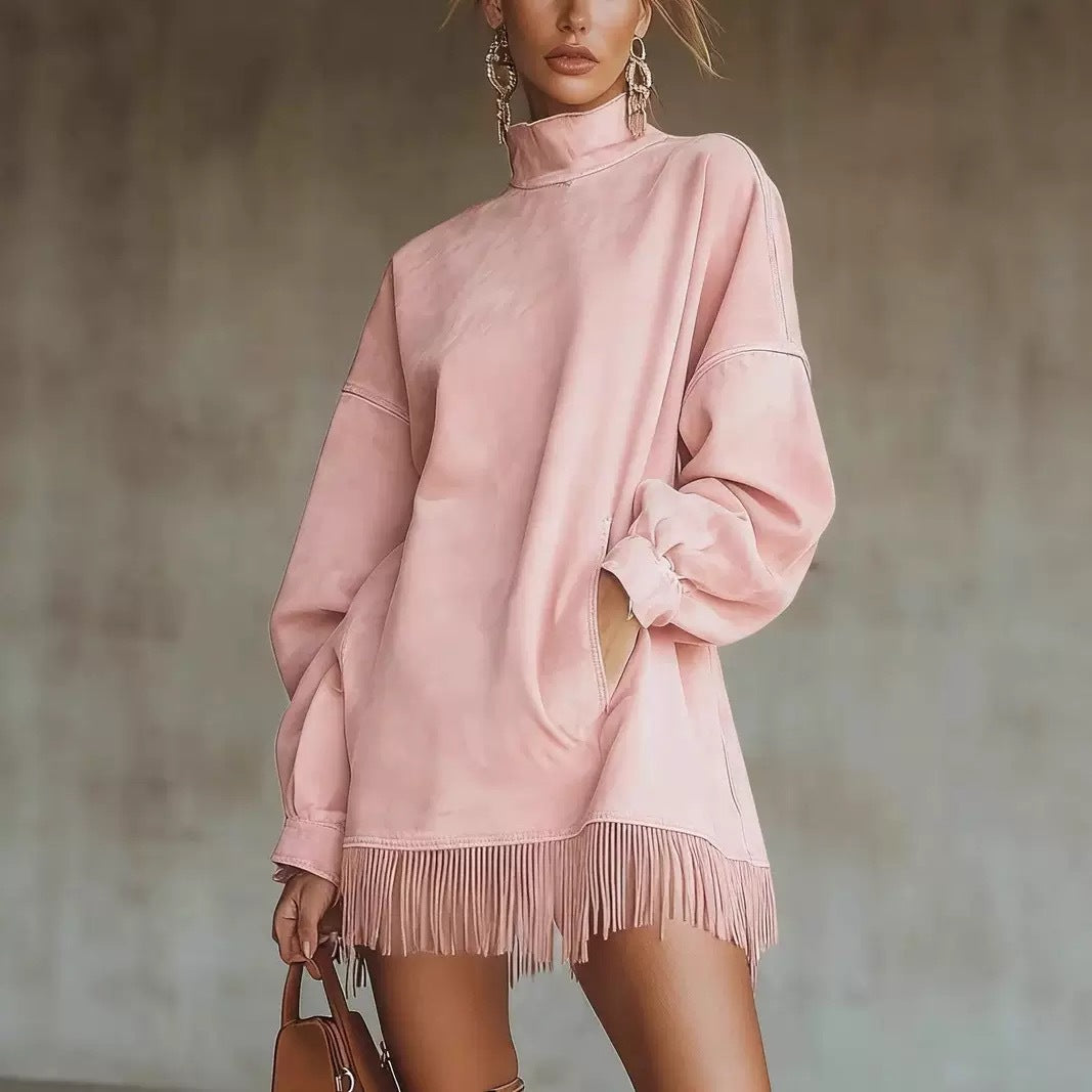 Mock Neck Suede Dress with Pockets