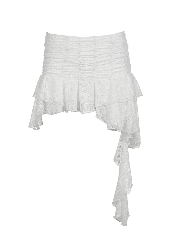 French Retro Lace Asymmetrical Ribbon Tiered Short Skirt