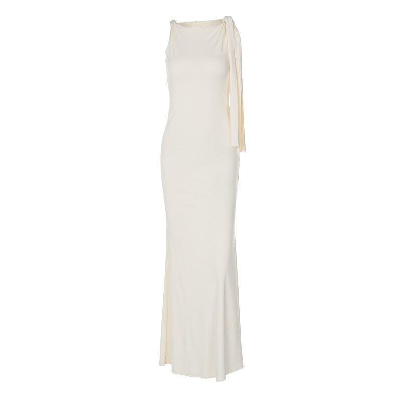 Elegant Sleeveless A-Line Dress with Shoulder Ribbon
