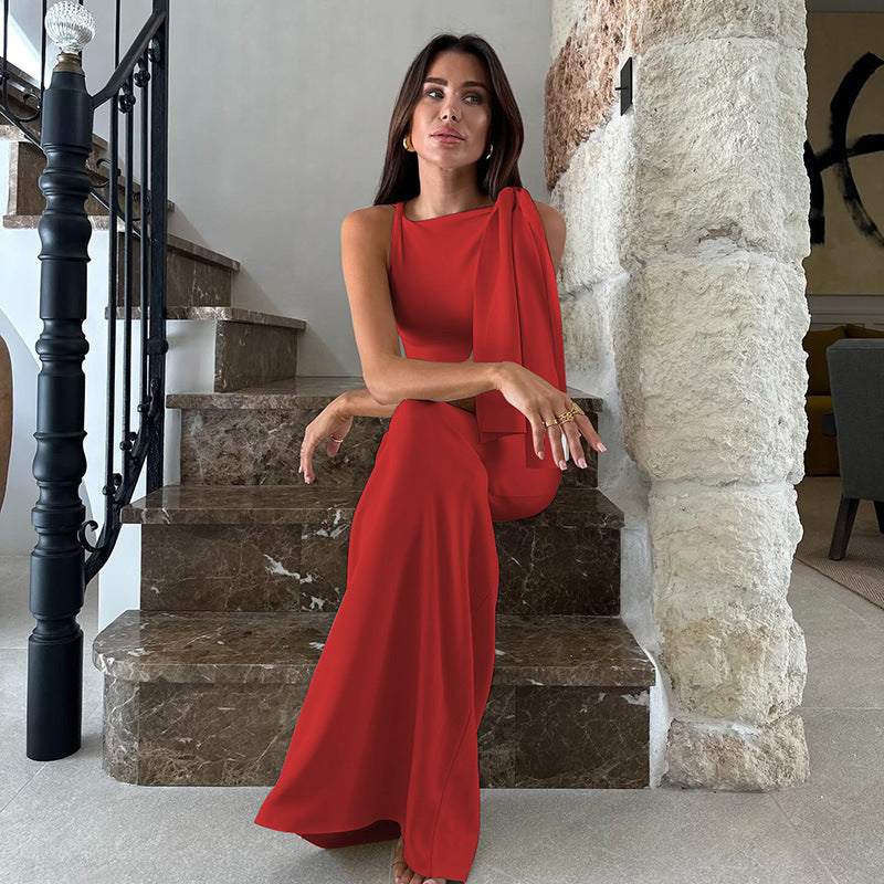 Elegant Sleeveless A-Line Dress with Shoulder Ribbon