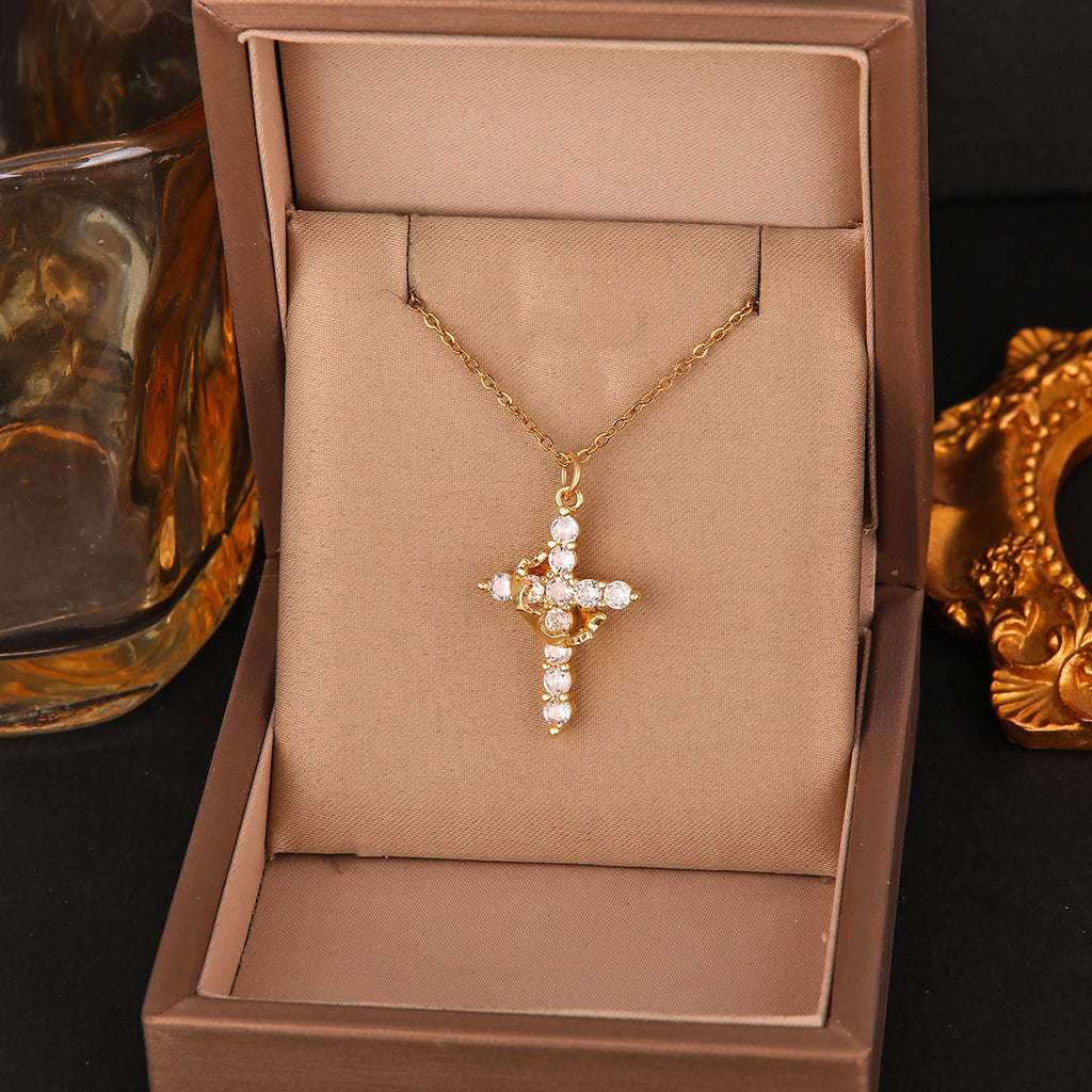 Rotatable Crown Full Diamond Cross Necklace Women's Light Luxury Niche Versatile Titanium Steel Clavicle Chain Cross-Border Popular Jewelry