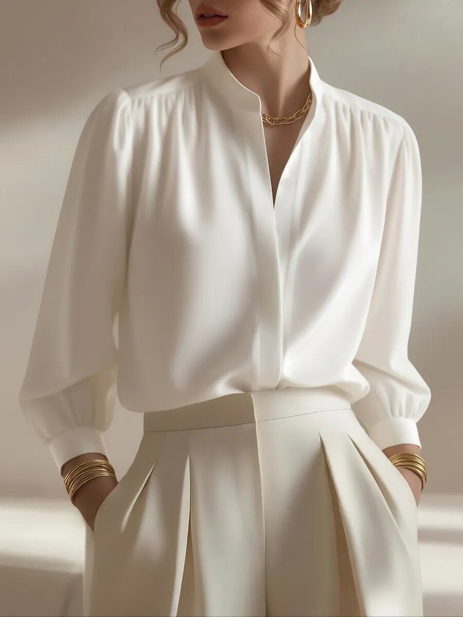 Womens Satin Shirt Stand Collar Lantern Sleeve